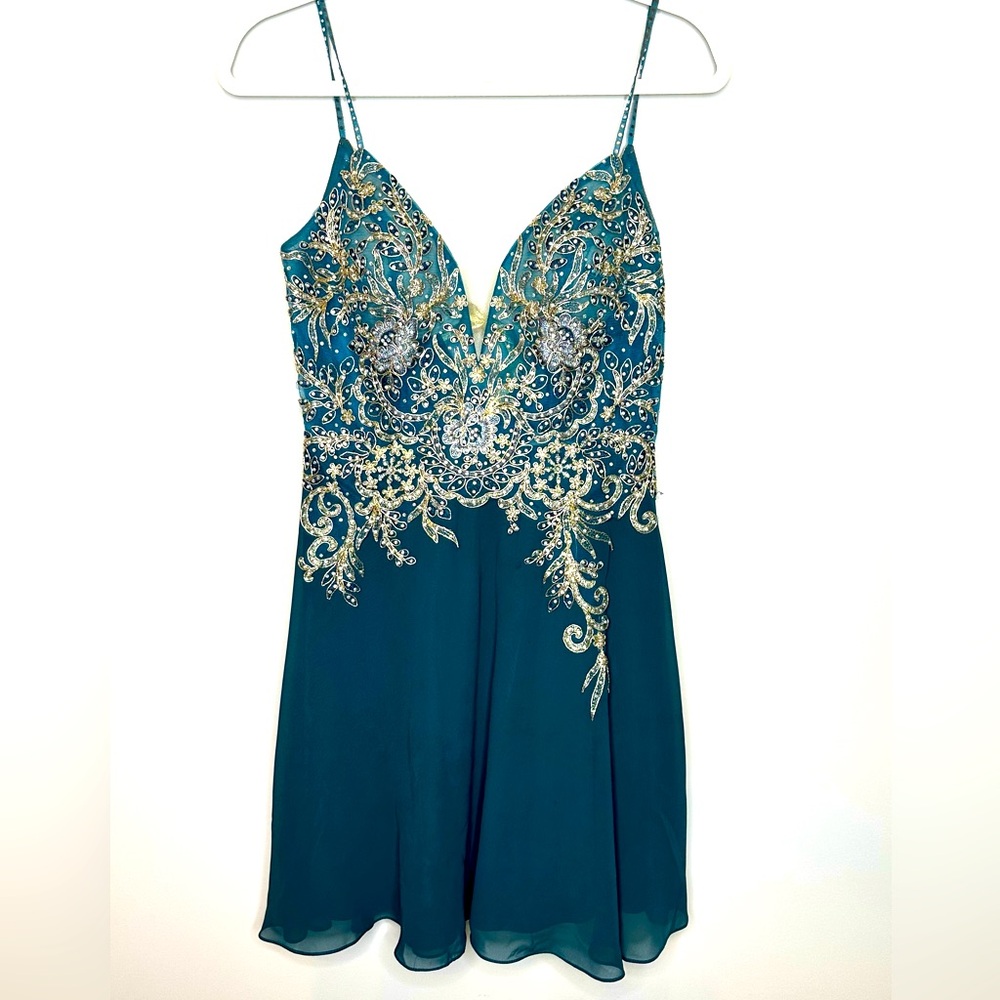 Jasmine - Dark Teal Chiffon Party Dress with Gold Appliqué